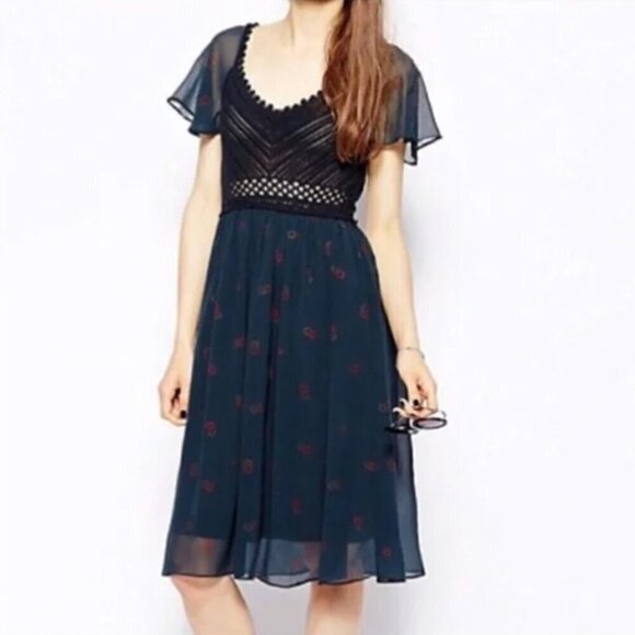 Free People Midnight Crochet Bodice Top Fairy Dress S Green Floral Print Flowy Free People Midnight Crochet Bodice Top Fairy Dress S Green Floral Print Flowy